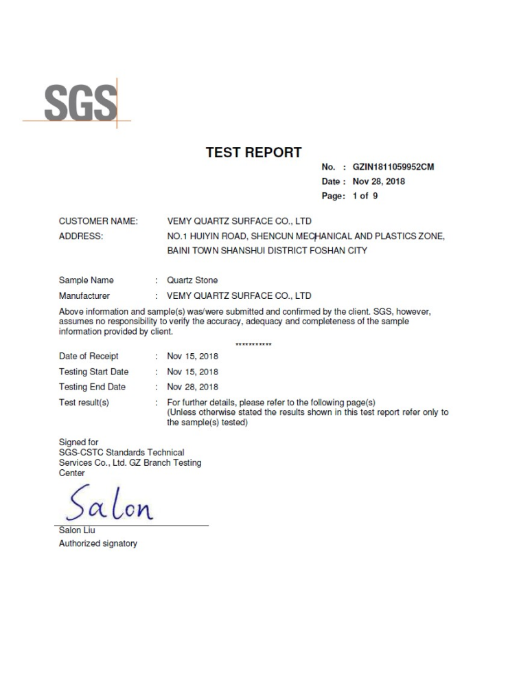 Avant Quartz. SGS -testauksen sertifikaatti